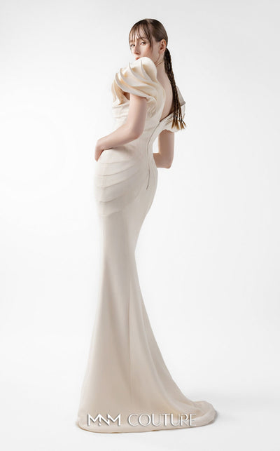 Gaby Charbachi G2039 Cream Crepe Mermaid Gown with Sculpted Sleeves by MNM Couture