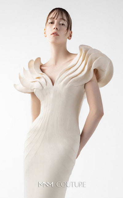 Gaby Charbachi G2039 Cream Crepe Mermaid Gown with Sculpted Sleeves by MNM Couture