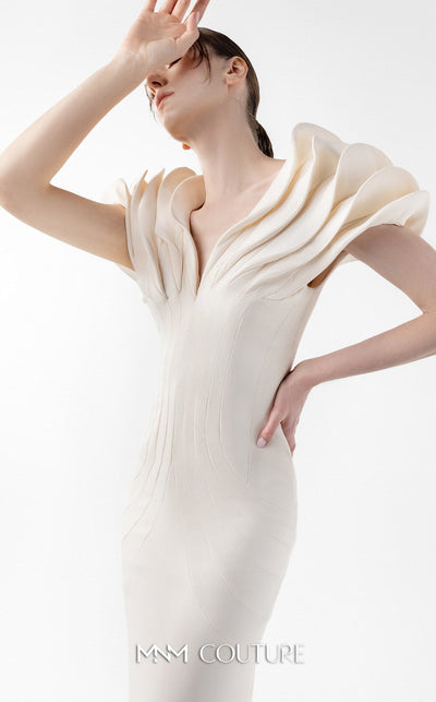 Gaby Charbachi G2039 Cream Crepe Mermaid Gown with Sculpted Sleeves by MNM Couture