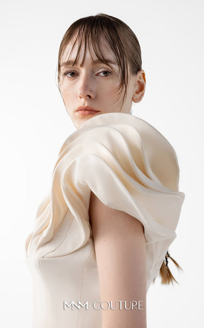 Gaby Charbachi G2039 Cream Crepe Mermaid Gown with Sculpted Sleeves by MNM Couture