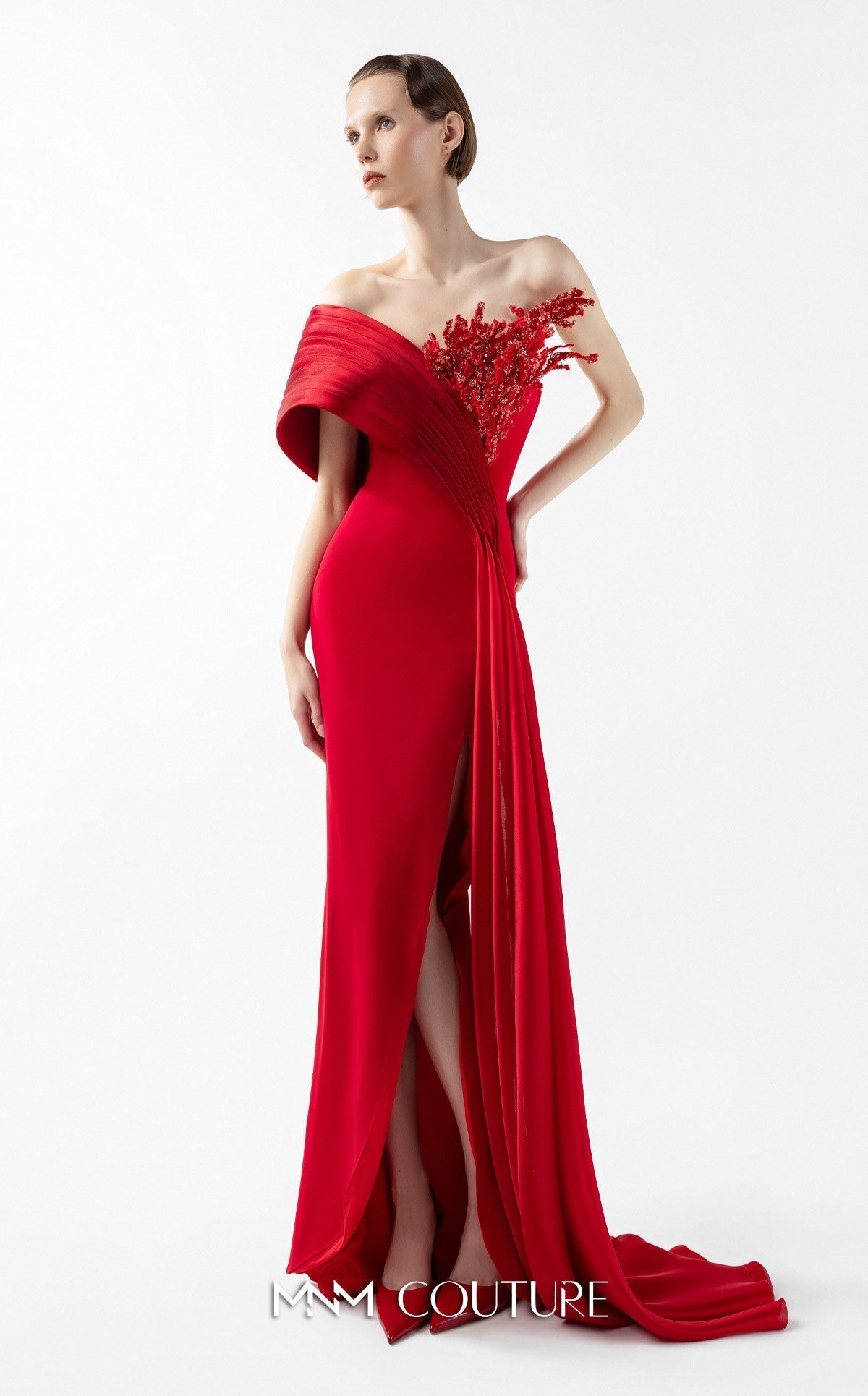 Gaby Charbachi G2040 Red Off-Shoulder Open Back High Slit Gown by MNM Couture