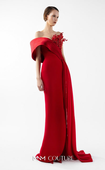 Gaby Charbachi G2040 Red Off-Shoulder Open Back High Slit Gown by MNM Couture