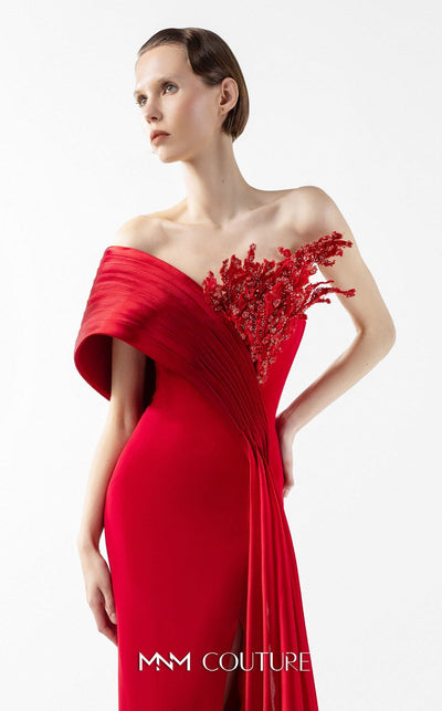 Gaby Charbachi G2040 Red Off-Shoulder Open Back High Slit Gown by MNM Couture