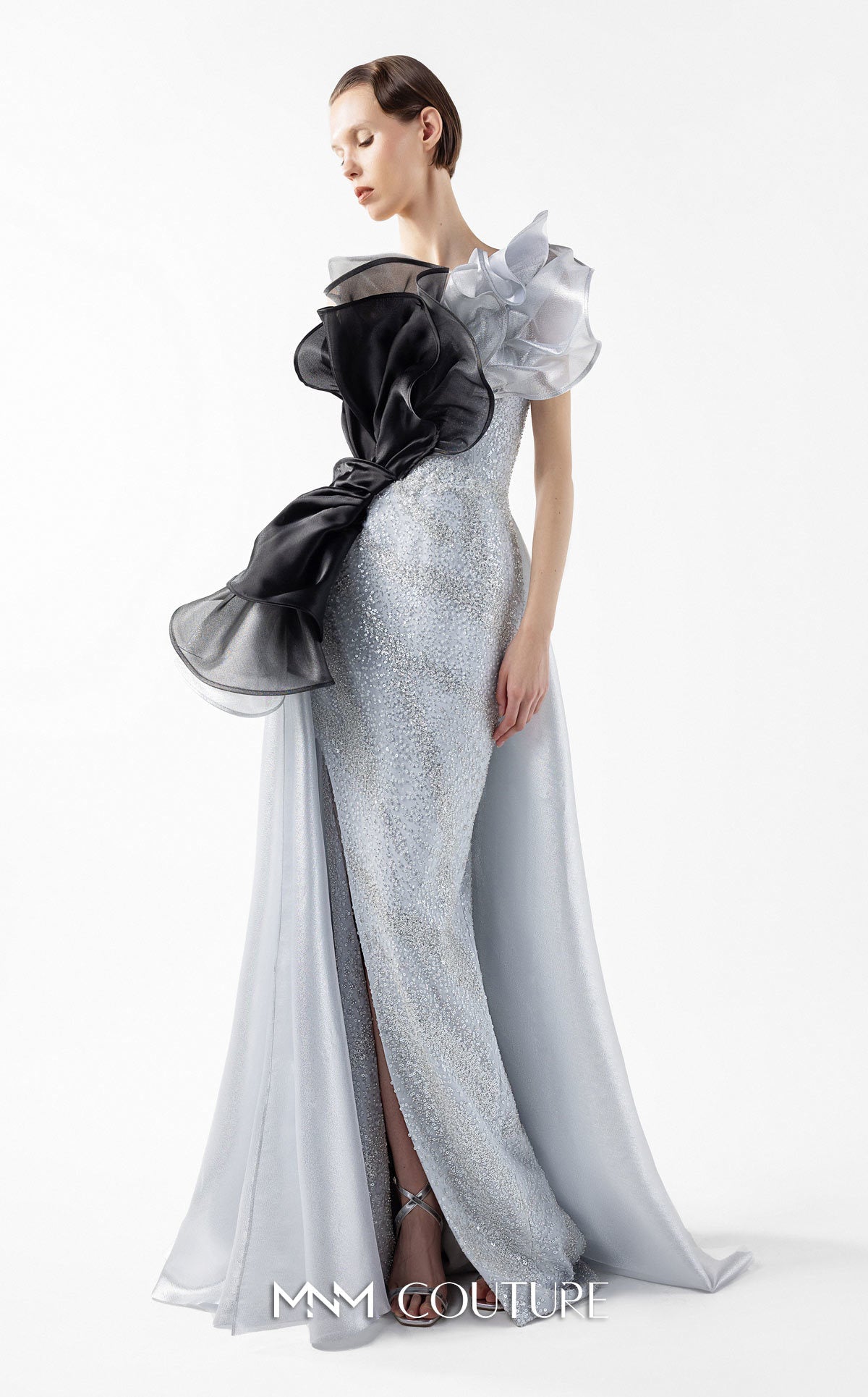 Gaby Charbachi G2042 Silver Off-Shoulder Open Back High Slit Couture Gown by MNM Couture