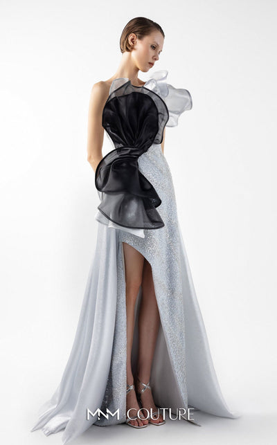 Gaby Charbachi G2042 Silver Off-Shoulder Open Back High Slit Couture Gown by MNM Couture