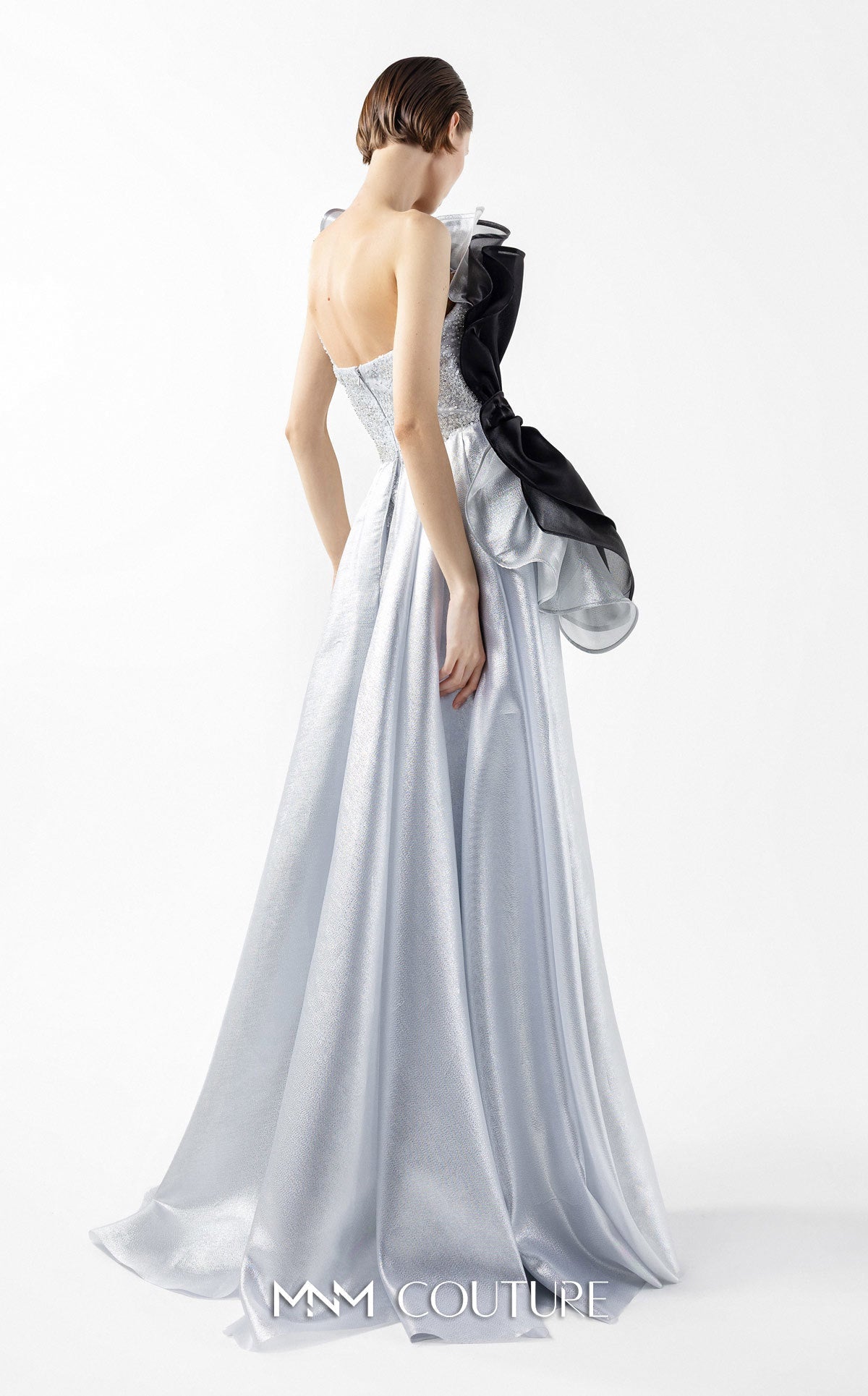 Gaby Charbachi G2042 Silver Off-Shoulder Open Back High Slit Couture Gown by MNM Couture