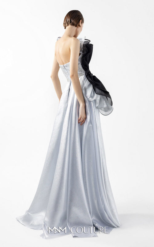 Gaby Charbachi G2042 Silver Off-Shoulder Open Back High Slit Couture Gown by MNM Couture