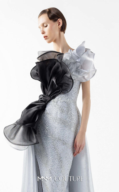 Gaby Charbachi G2042 Silver Off-Shoulder Open Back High Slit Couture Gown by MNM Couture