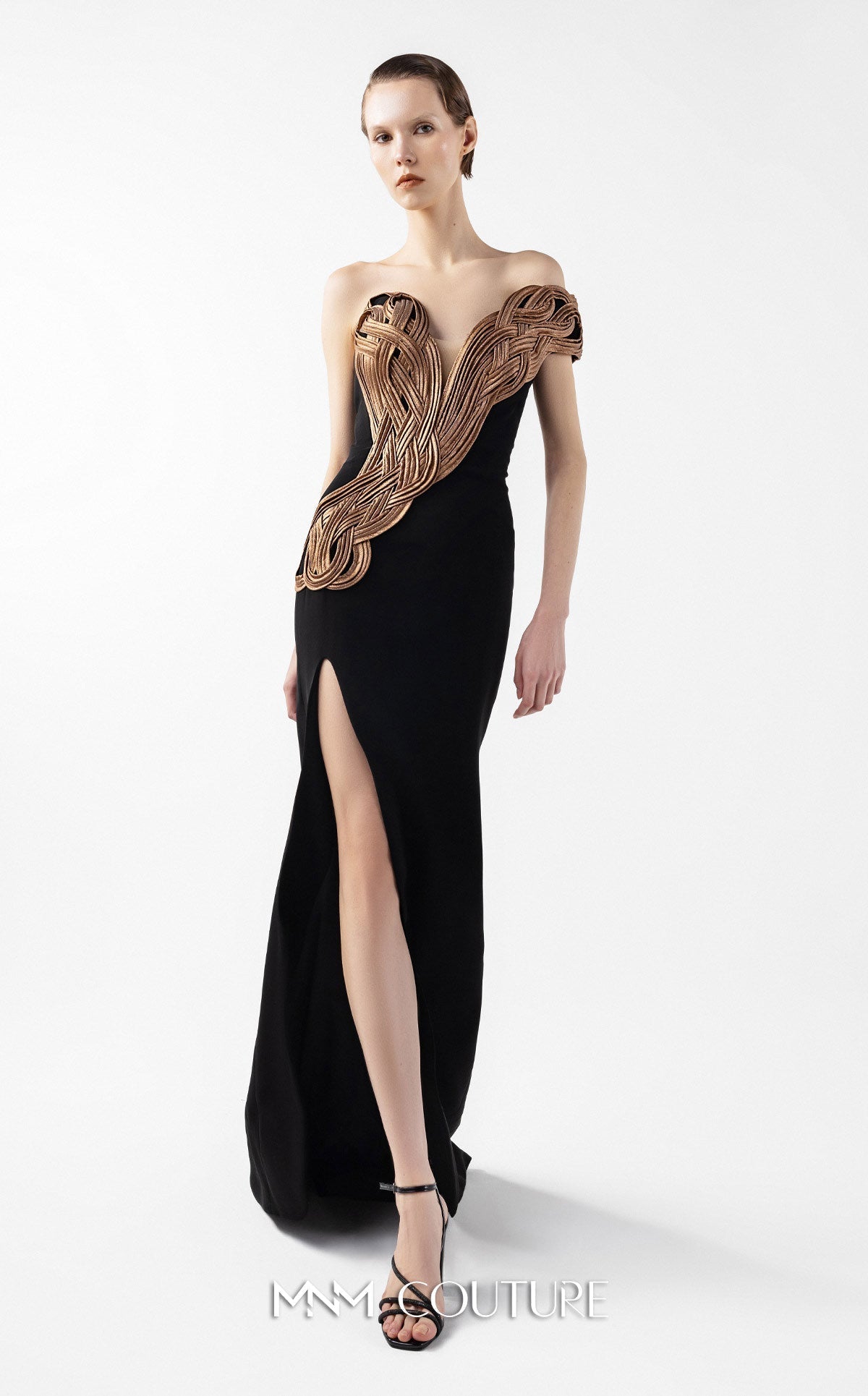 Gaby Charbachi G2043 Black Crepe Off-Shoulder Couture Evening Gown by MNM Couture