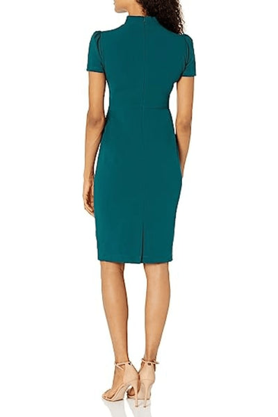 Tie Mockneck Short Sleeve Deep Lagoon Scuba Crepe Sheath Dress by Maggy London G3779M