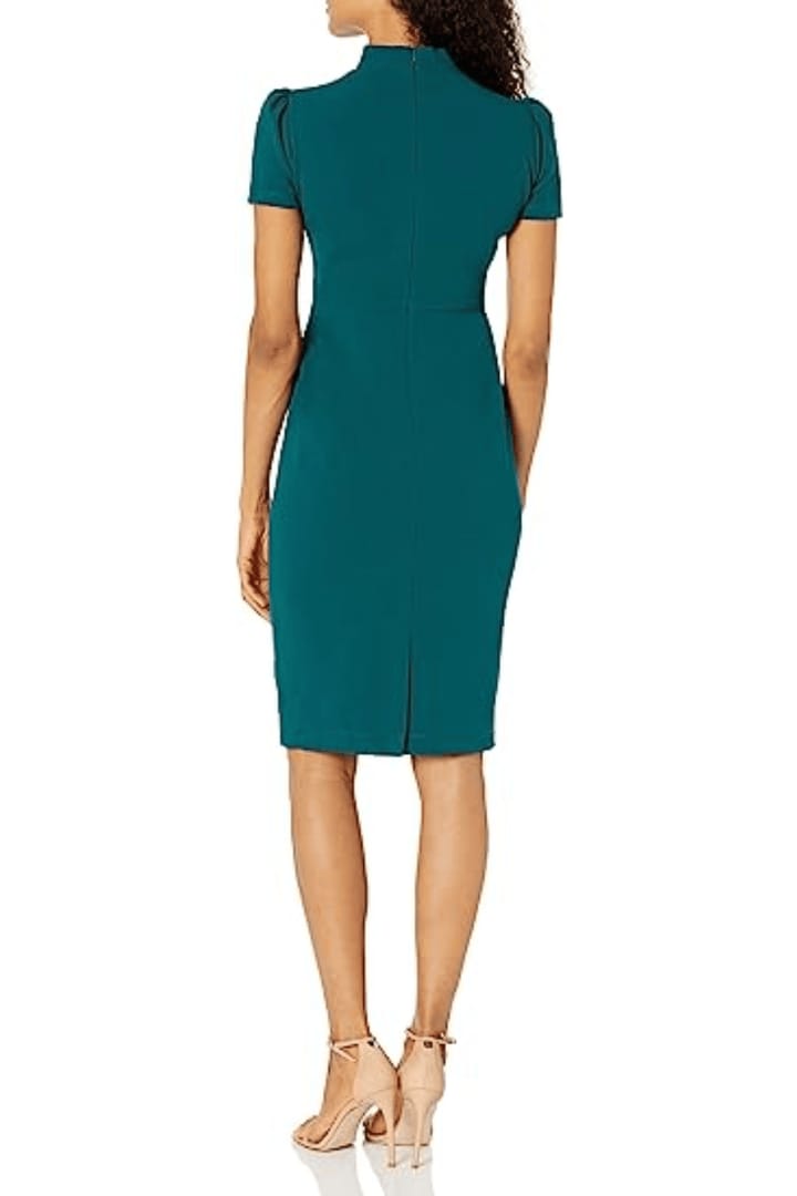 Tie Mockneck Short Sleeve Deep Lagoon Scuba Crepe Sheath Dress by Maggy London G3779M