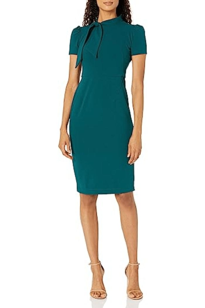 Tie Mockneck Short Sleeve Deep Lagoon Scuba Crepe Sheath Dress by Maggy London G3779M