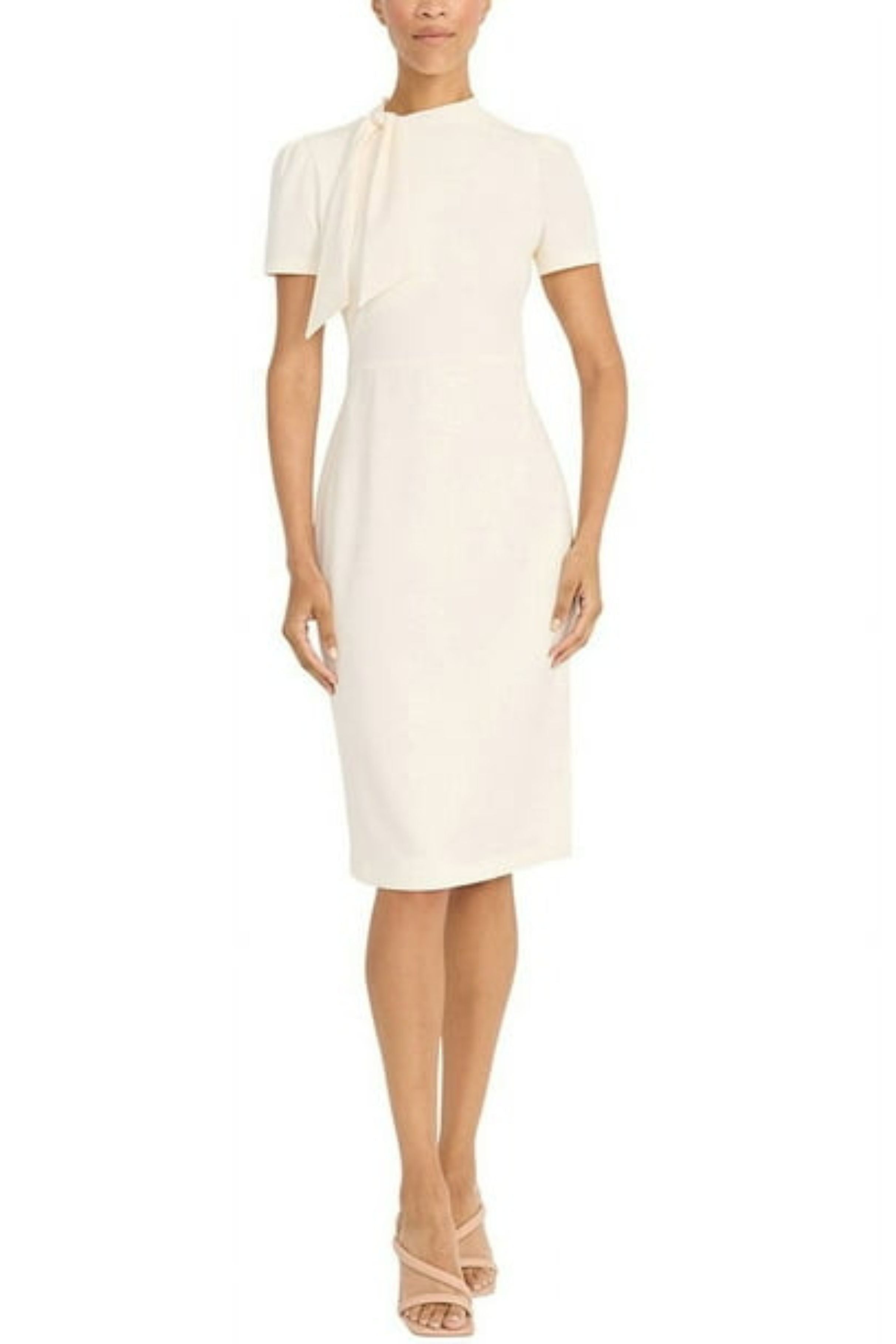 Tie Mockneck Short Sleeve Scuba Crepe Sheath Dress by Maggy London G3779M