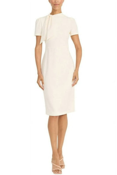 Tie Mockneck Short Sleeve Scuba Crepe Sheath Dress by Maggy London G3779M