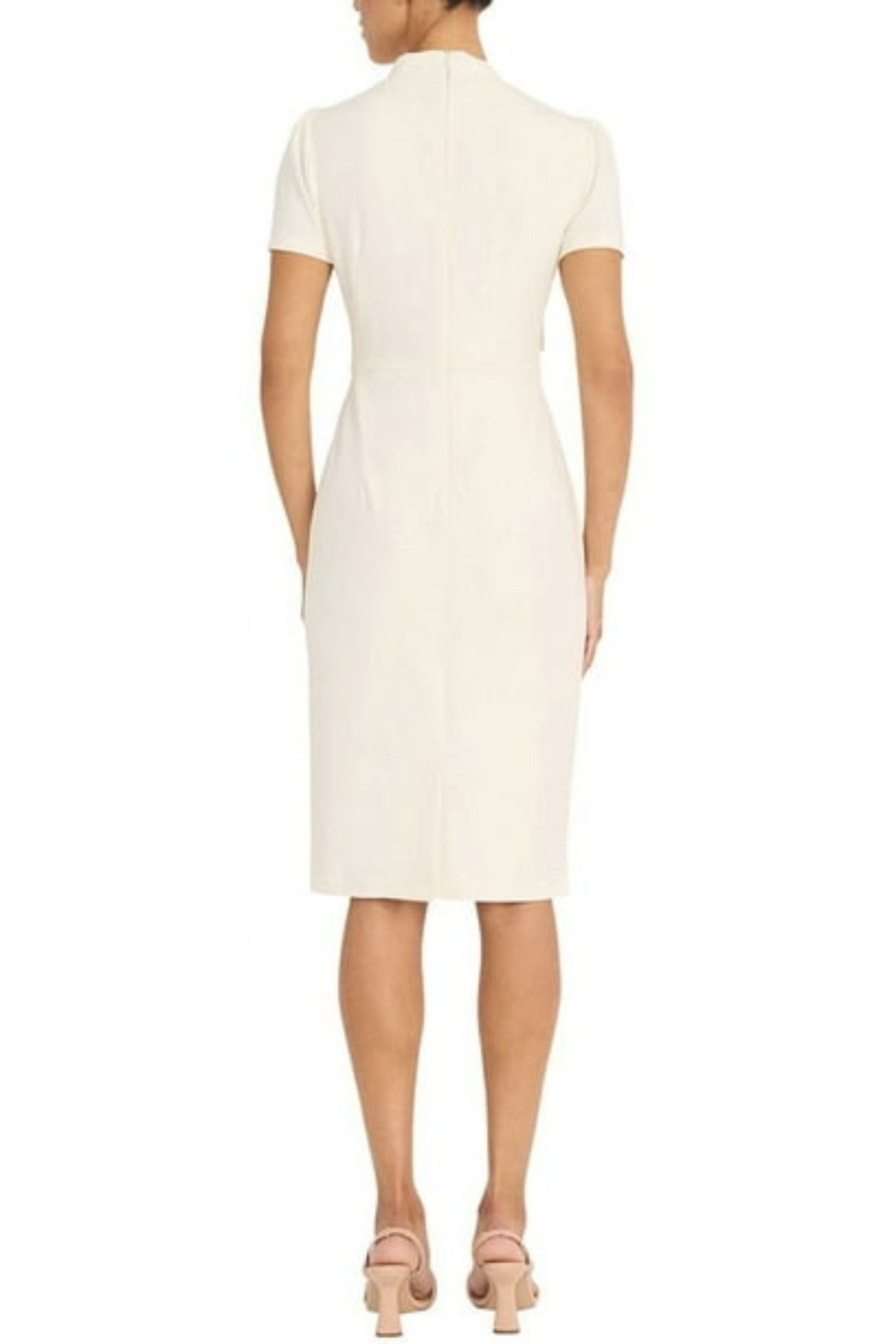 Tie Mockneck Short Sleeve Scuba Crepe Sheath Dress by Maggy London G3779M