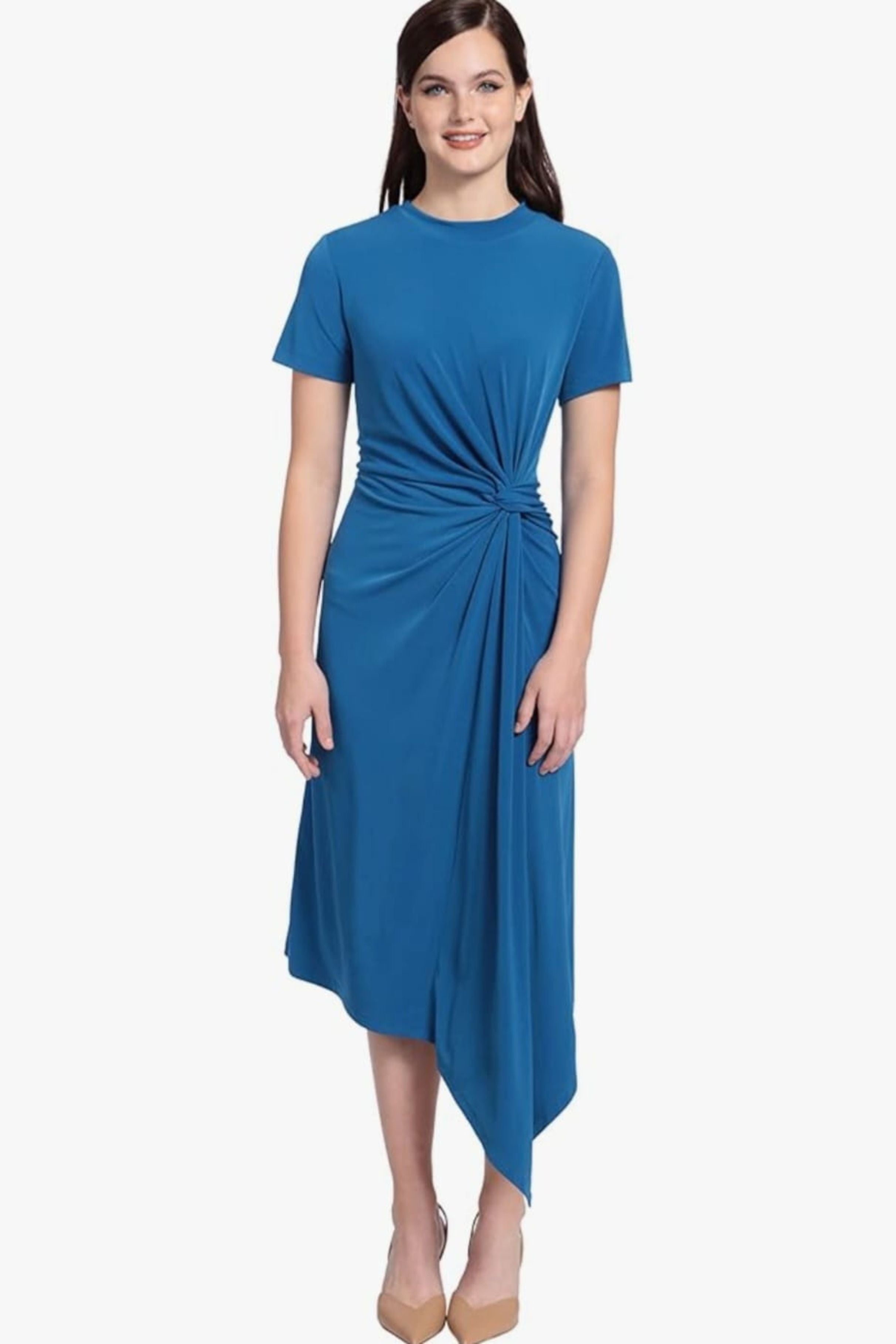 Short Sleeve Drape Day Classic Blue Jersey Dress by Maggy London G5125M