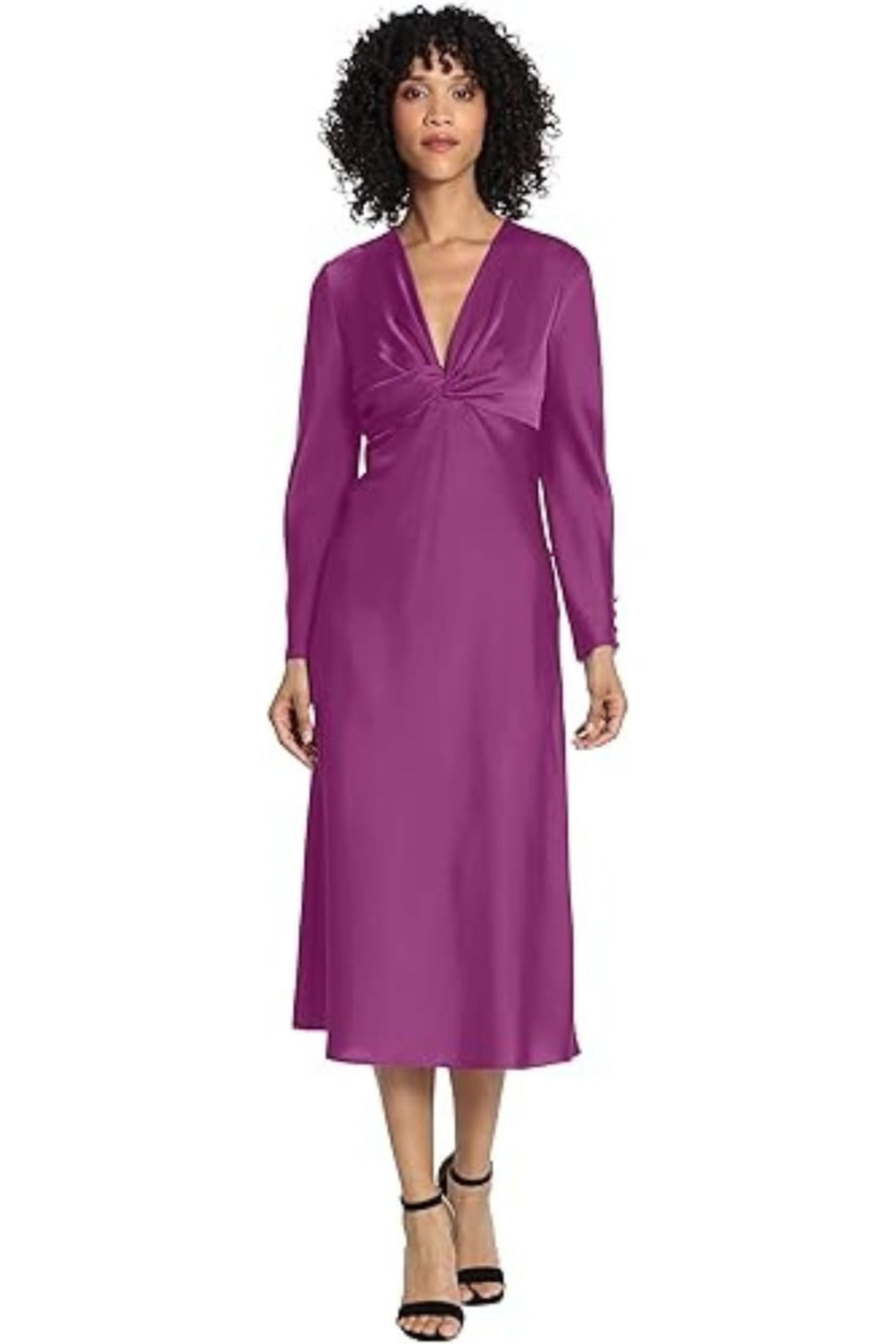 midi dark purple dress Maggy London Long Sleeve Satin Twisted V-Neck Knotted Dress, Womens, 6, color:Watermelon lovestitch neckline on one side CLAIRE LUISE® High-neck midi