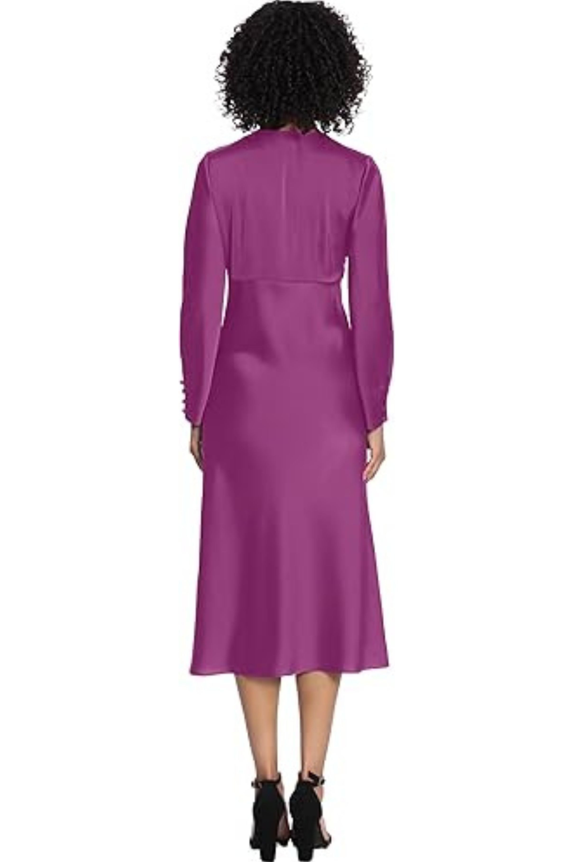 Long Sleeve Twisted Knot Dark Purple V-Neck Charmeuse Midi Dress by Maggy London G5133M