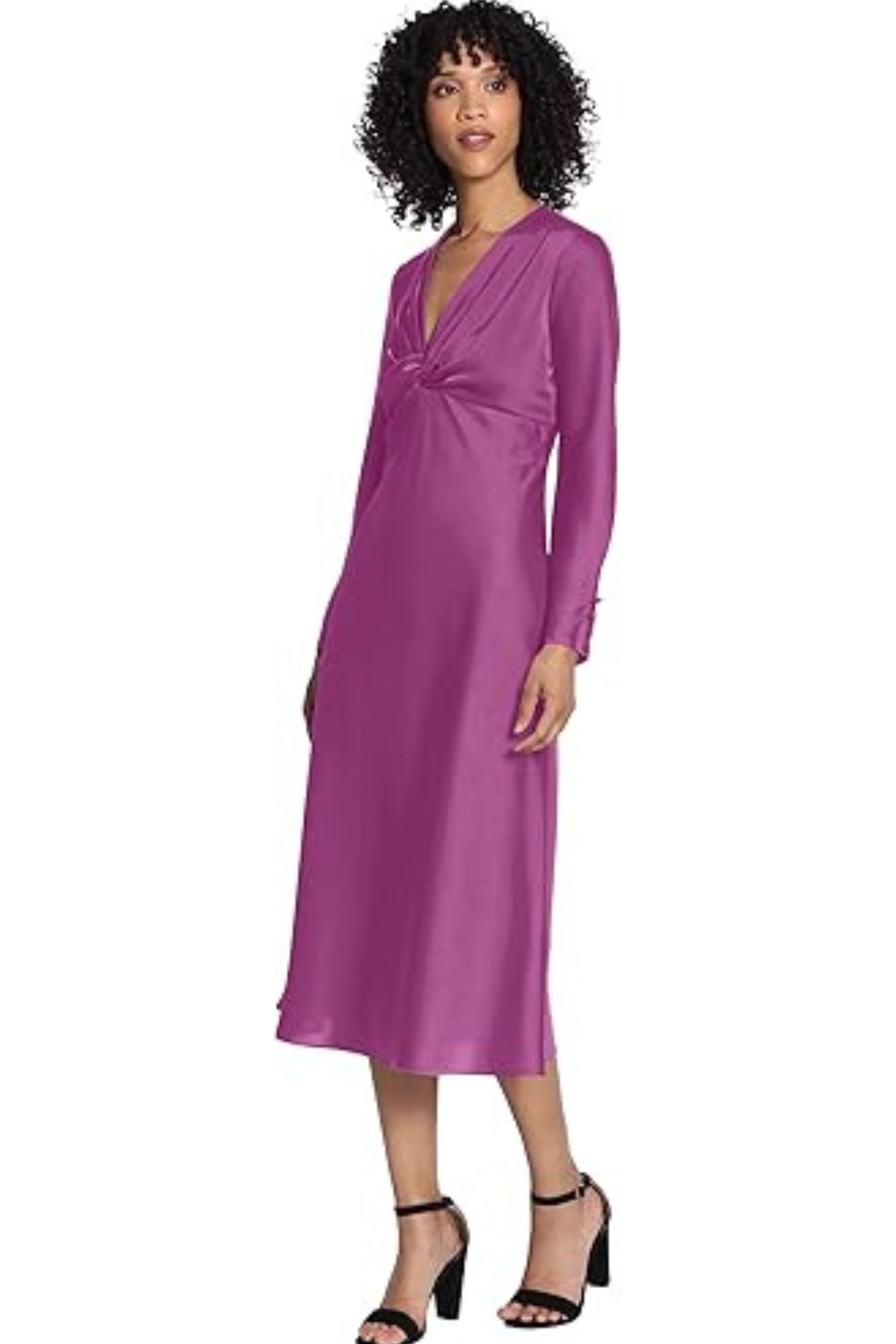 Long Sleeve Twisted Knot Dark Purple V-Neck Charmeuse Midi Dress by Maggy London G5133M