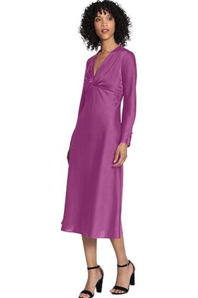 Long Sleeve Twisted Knot Dark Purple V-Neck Charmeuse Midi Dress by Maggy London G5133M