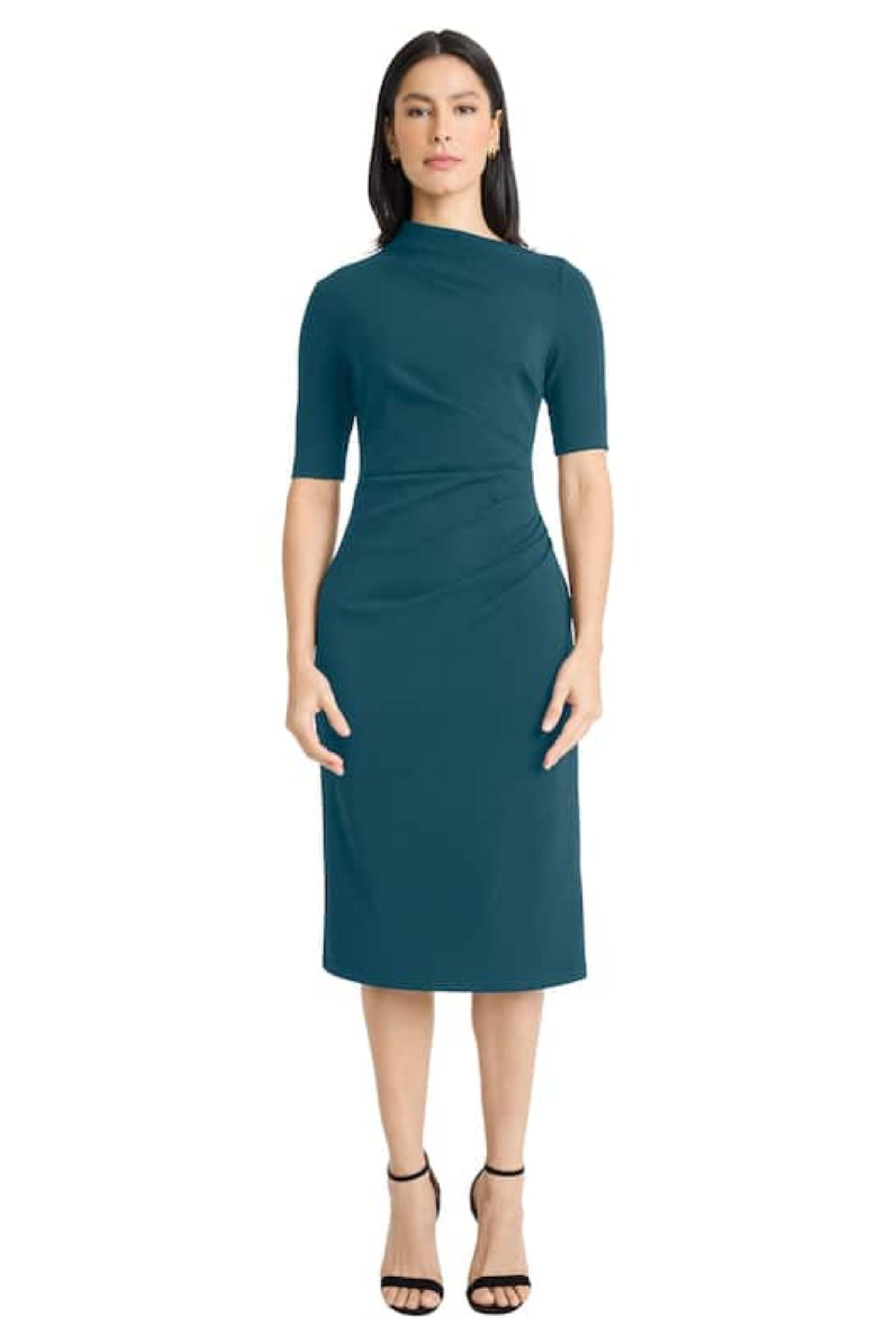 Maggy London G5230M Pleated Waist 3/4 Sleeve Deep Lagoon and Luxe Plum