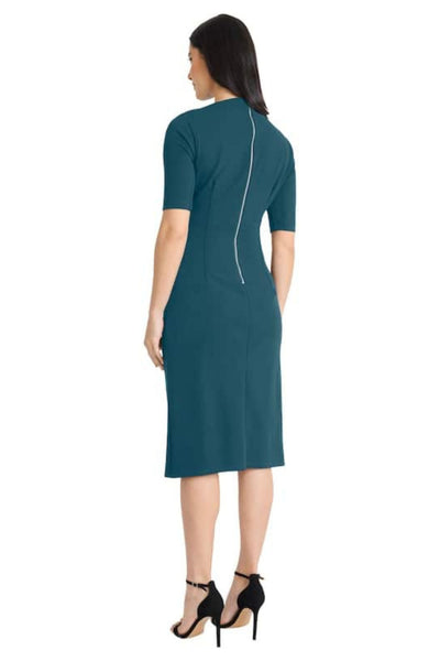 Pleated Waist 3/4 Sleeve Deep Lagoon and Luxe Plum Asymmetrical Neckline Sheath Dress by Maggy London G5230M