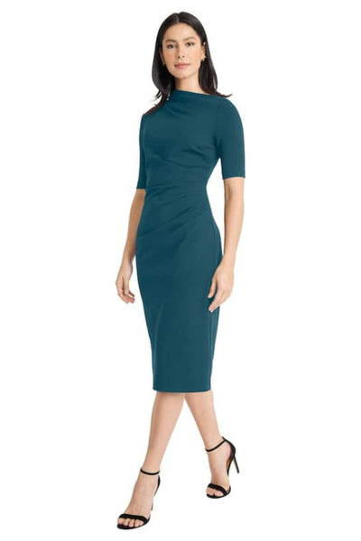 Pleated Waist 3/4 Sleeve Deep Lagoon and Luxe Plum Asymmetrical Neckline Sheath Dress by Maggy London G5230M