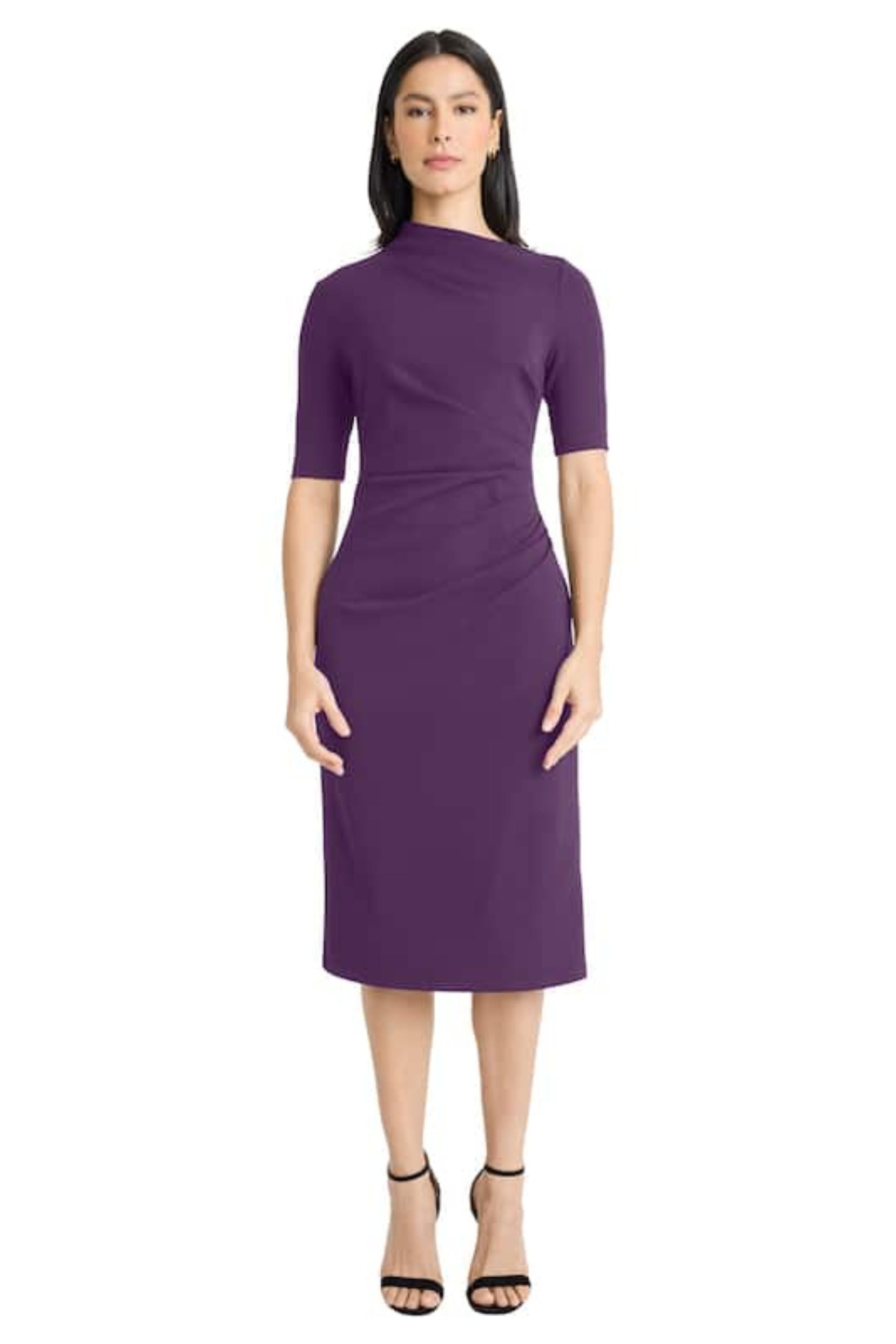 Pleated Waist 3/4 Sleeve Deep Lagoon and Luxe Plum Asymmetrical Neckline Sheath Dress by Maggy London G5230M