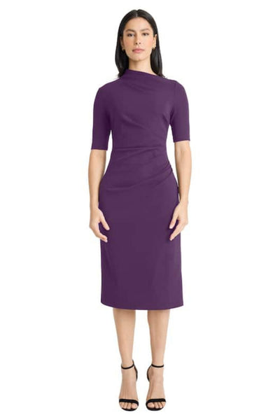 Pleated Waist 3/4 Sleeve Deep Lagoon and Luxe Plum Asymmetrical Neckline Sheath Dress by Maggy London G5230M
