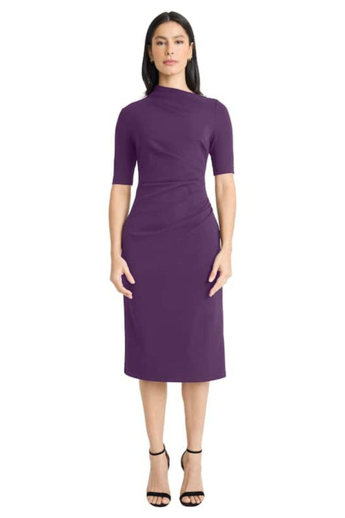 Pleated Waist 3/4 Sleeve Deep Lagoon and Luxe Plum Asymmetrical Neckline Sheath Dress by Maggy London G5230M