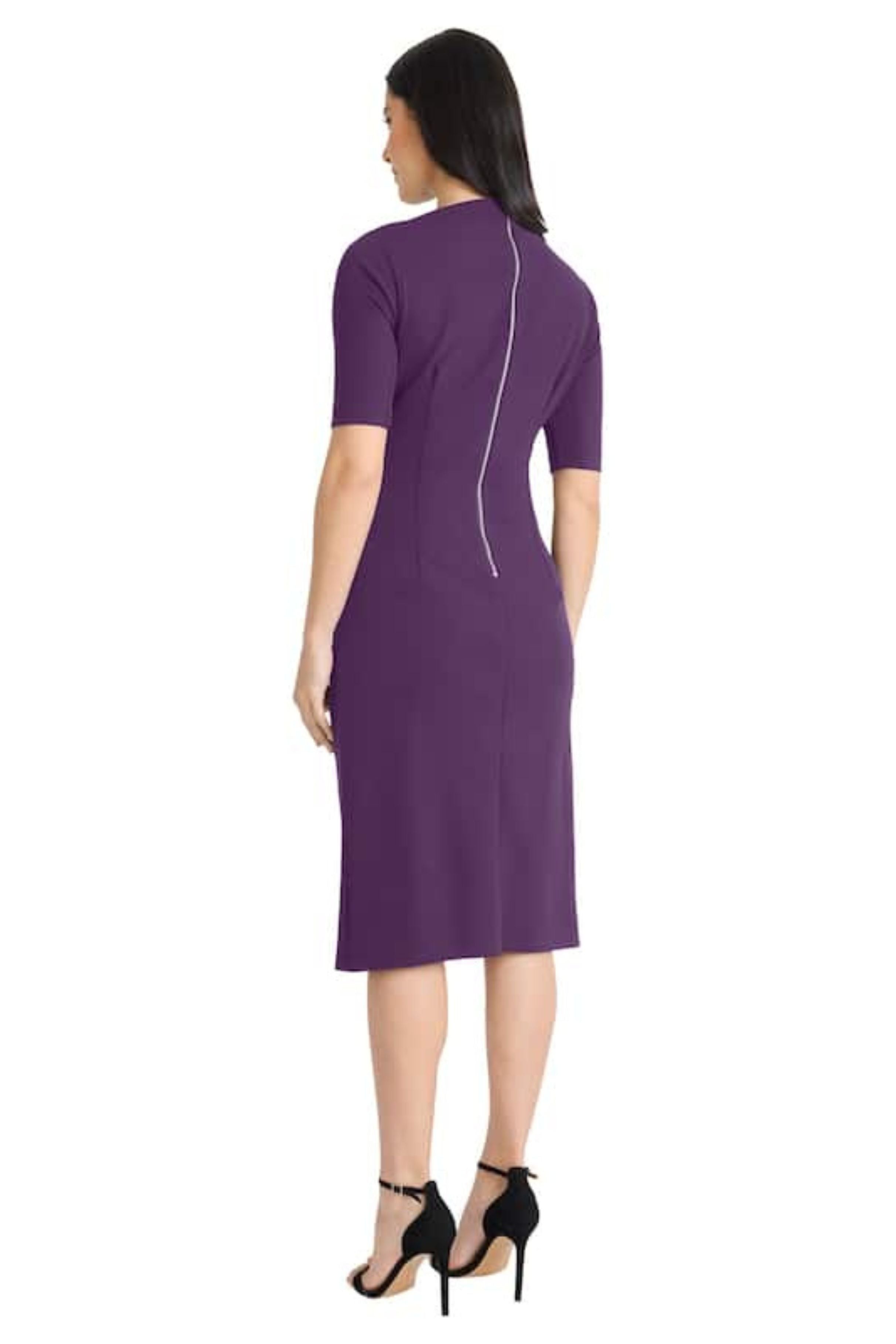 Pleated Waist 3/4 Sleeve Deep Lagoon and Luxe Plum Asymmetrical Neckline Sheath Dress by Maggy London G5230M