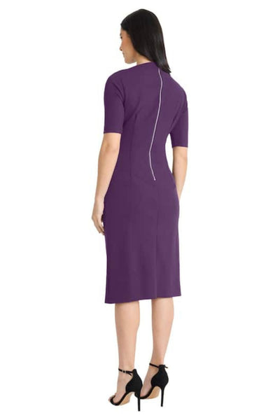 Pleated Waist 3/4 Sleeve Deep Lagoon and Luxe Plum Asymmetrical Neckline Sheath Dress by Maggy London G5230M