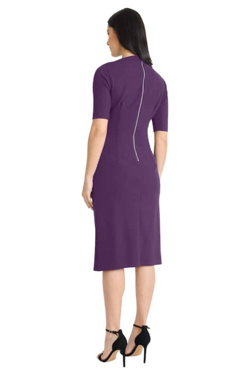 Pleated Waist 3/4 Sleeve Deep Lagoon and Luxe Plum Asymmetrical Neckline Sheath Dress by Maggy London G5230M