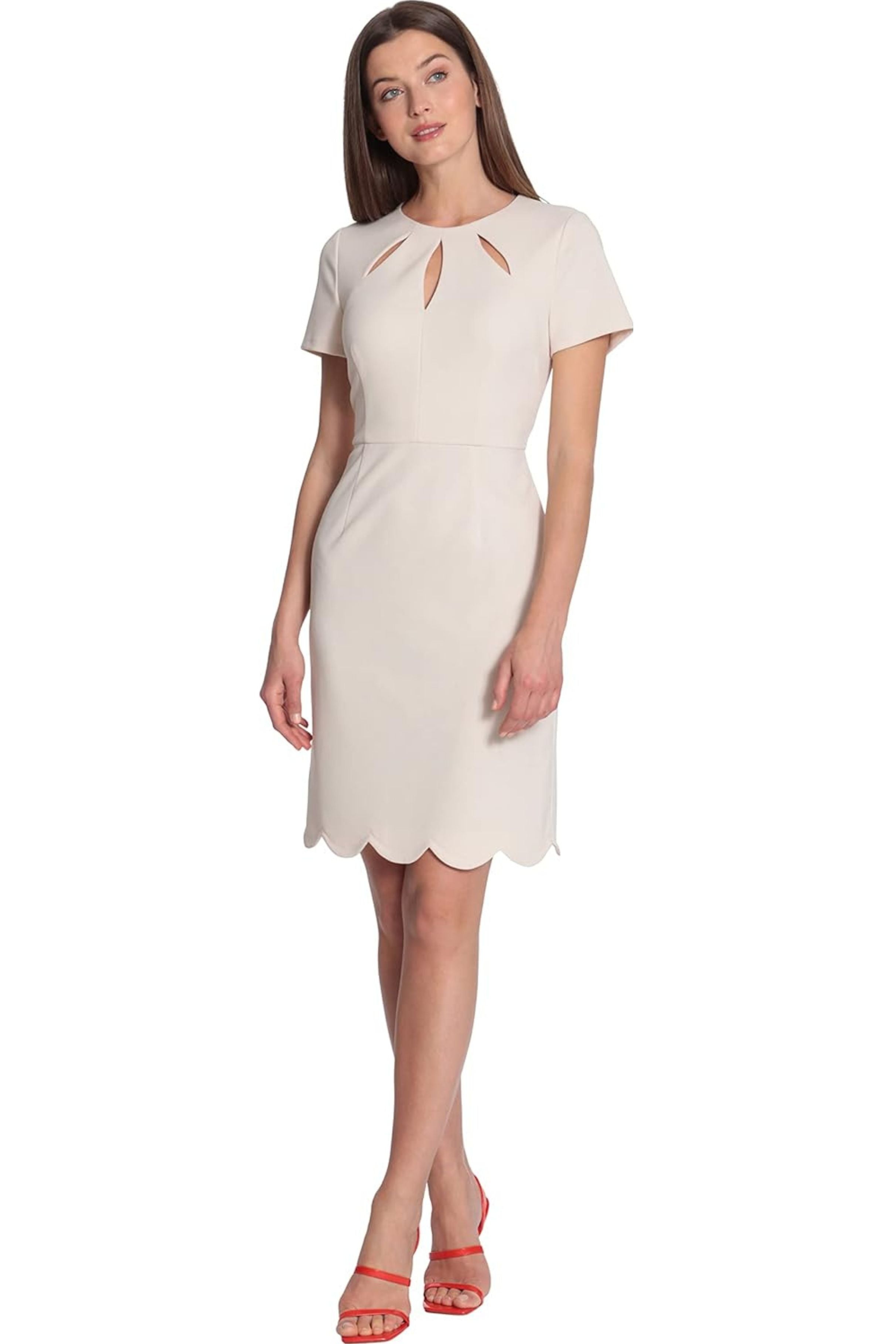 Short Sleeve Scallop Horn Scuba Crepe Sheath Dress by Maggy London G5457M