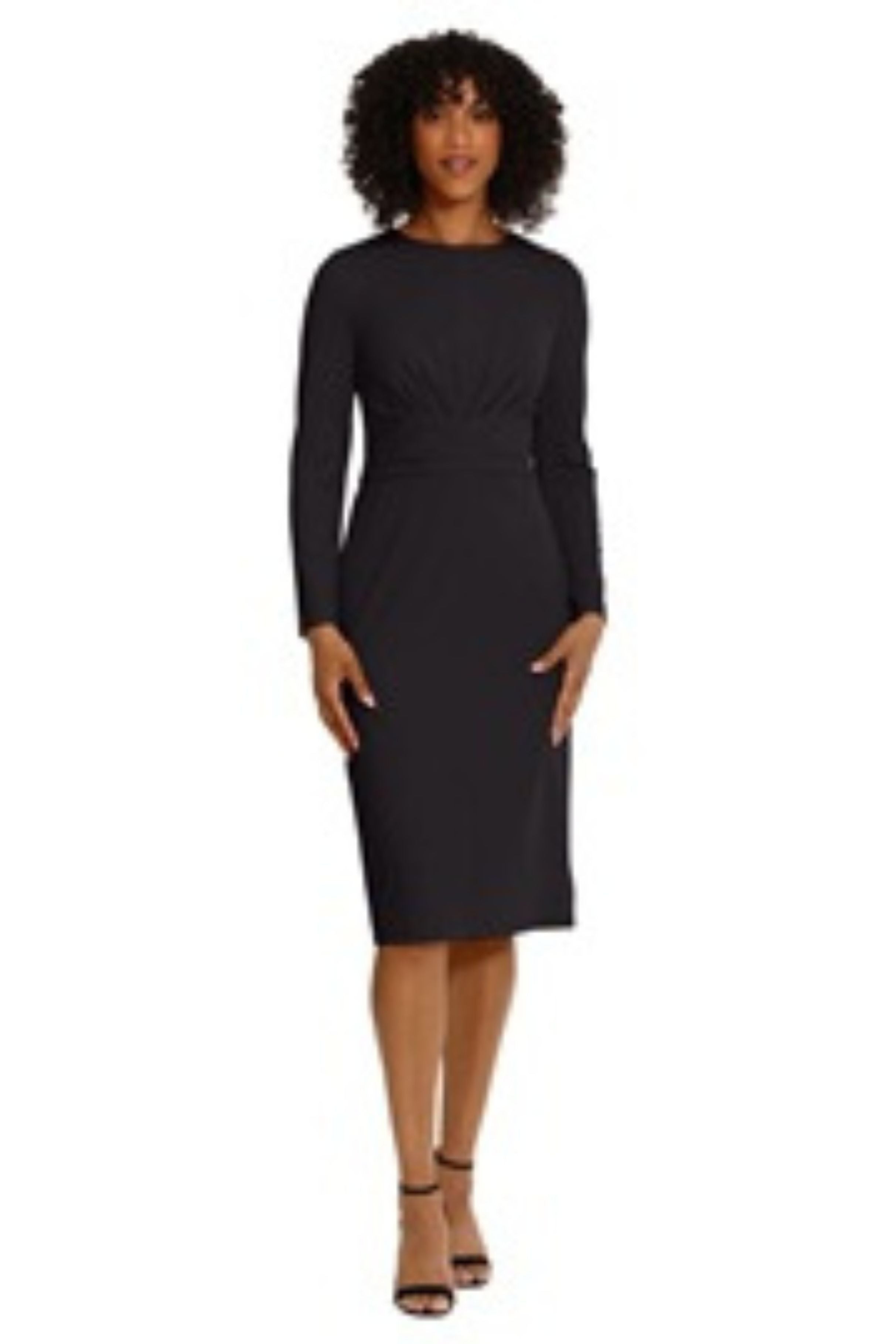 Long Sleeve Midi Black and Red Pleated Scuba Crepe Sheath Dress by Maggy London G5913M