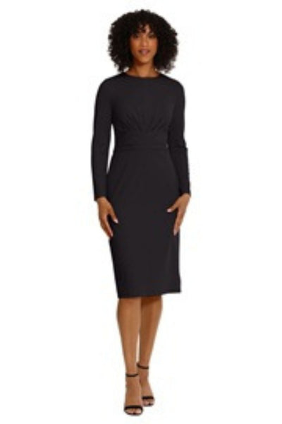 Long Sleeve Midi Black and Red Pleated Scuba Crepe Sheath Dress by Maggy London G5913M