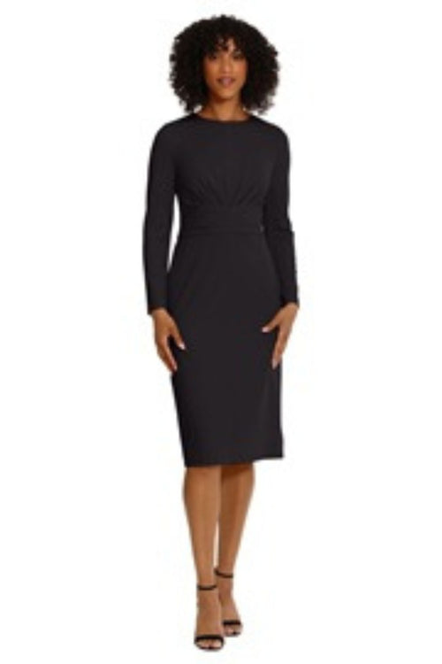 Long Sleeve Midi Black and Red Pleated Scuba Crepe Sheath Dress by Maggy London G5913M
