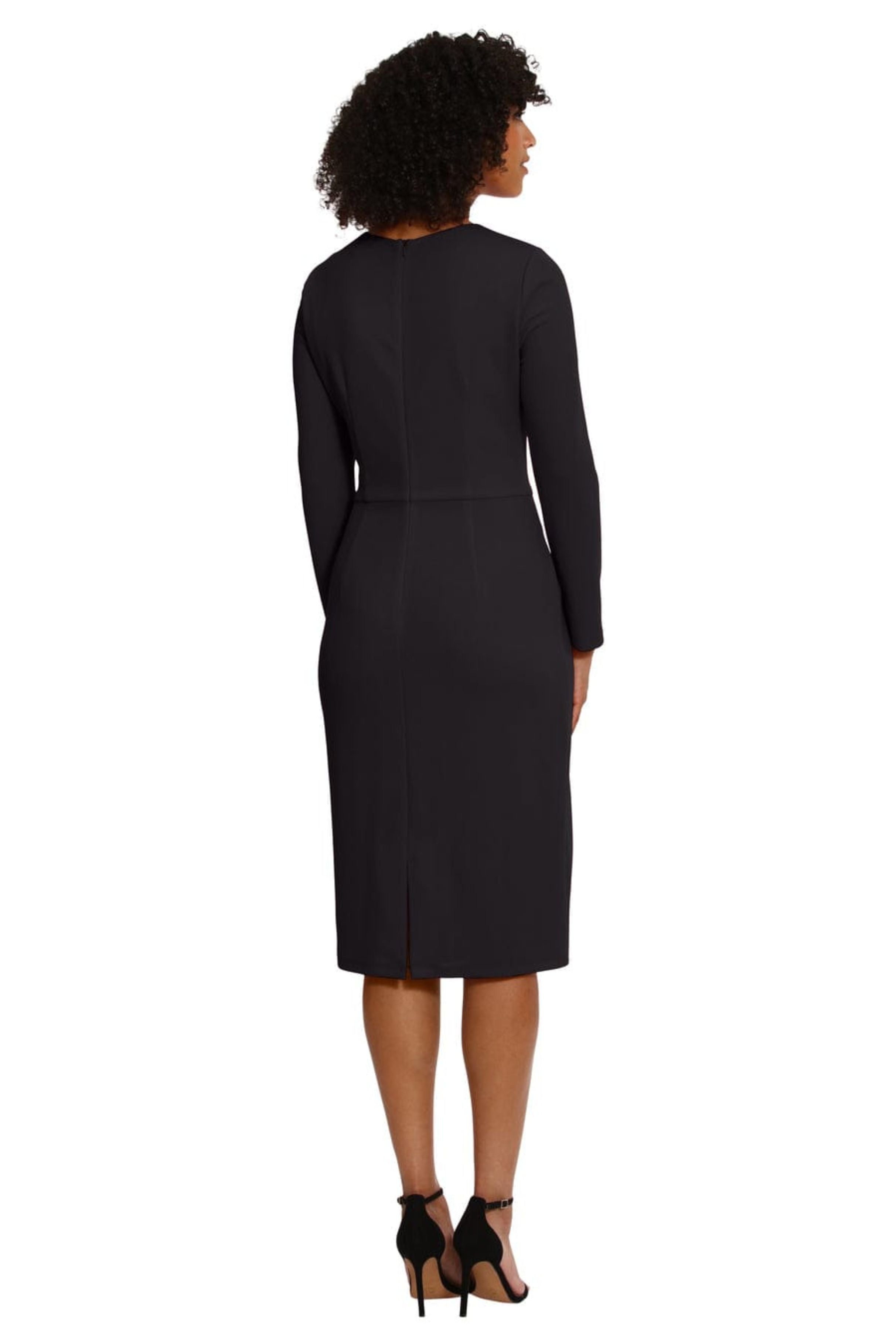 Long Sleeve Midi Black and Red Pleated Scuba Crepe Sheath Dress by Maggy London G5913M