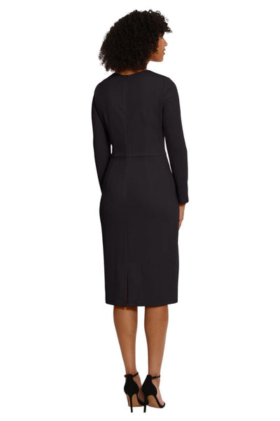 Long Sleeve Midi Black and Red Pleated Scuba Crepe Sheath Dress by Maggy London G5913M