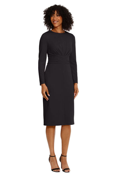 Long Sleeve Midi Black and Red Pleated Scuba Crepe Sheath Dress by Maggy London G5913M
