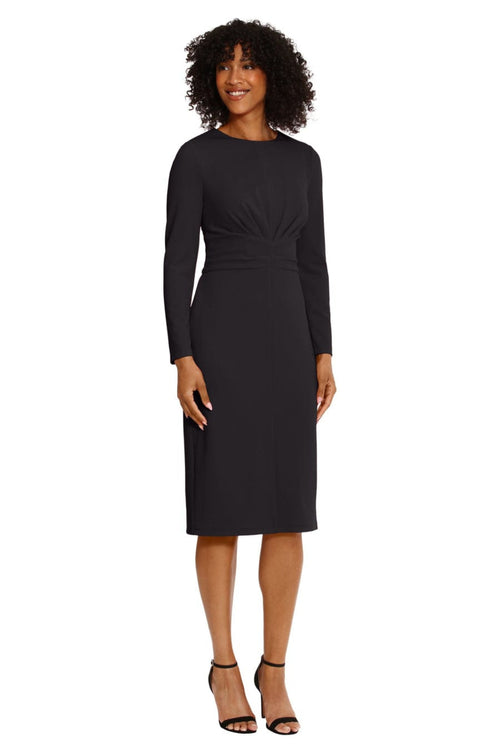 Long Sleeve Midi Black and Red Pleated Scuba Crepe Sheath Dress by Maggy London G5913M
