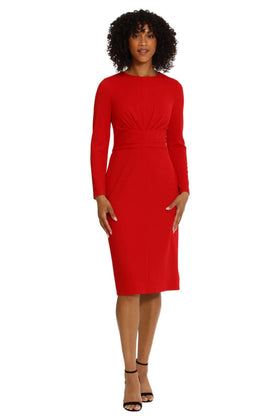 Maggy London G5913M Long Sleeve Midi Black and Red Pleated Scuba Crepe Sheath Dress