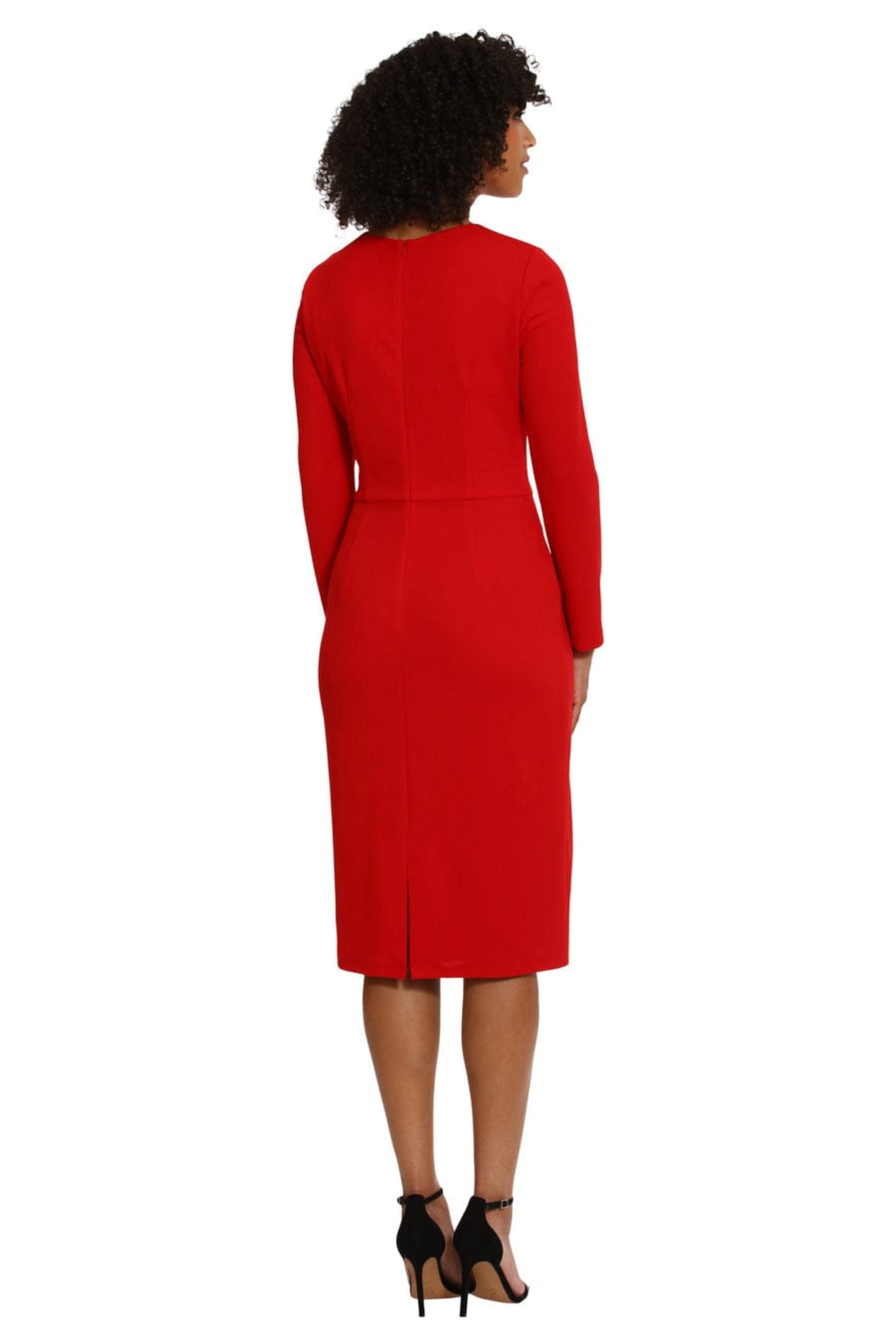 Long Sleeve Midi Black and Red Pleated Scuba Crepe Sheath Dress by Maggy London G5913M