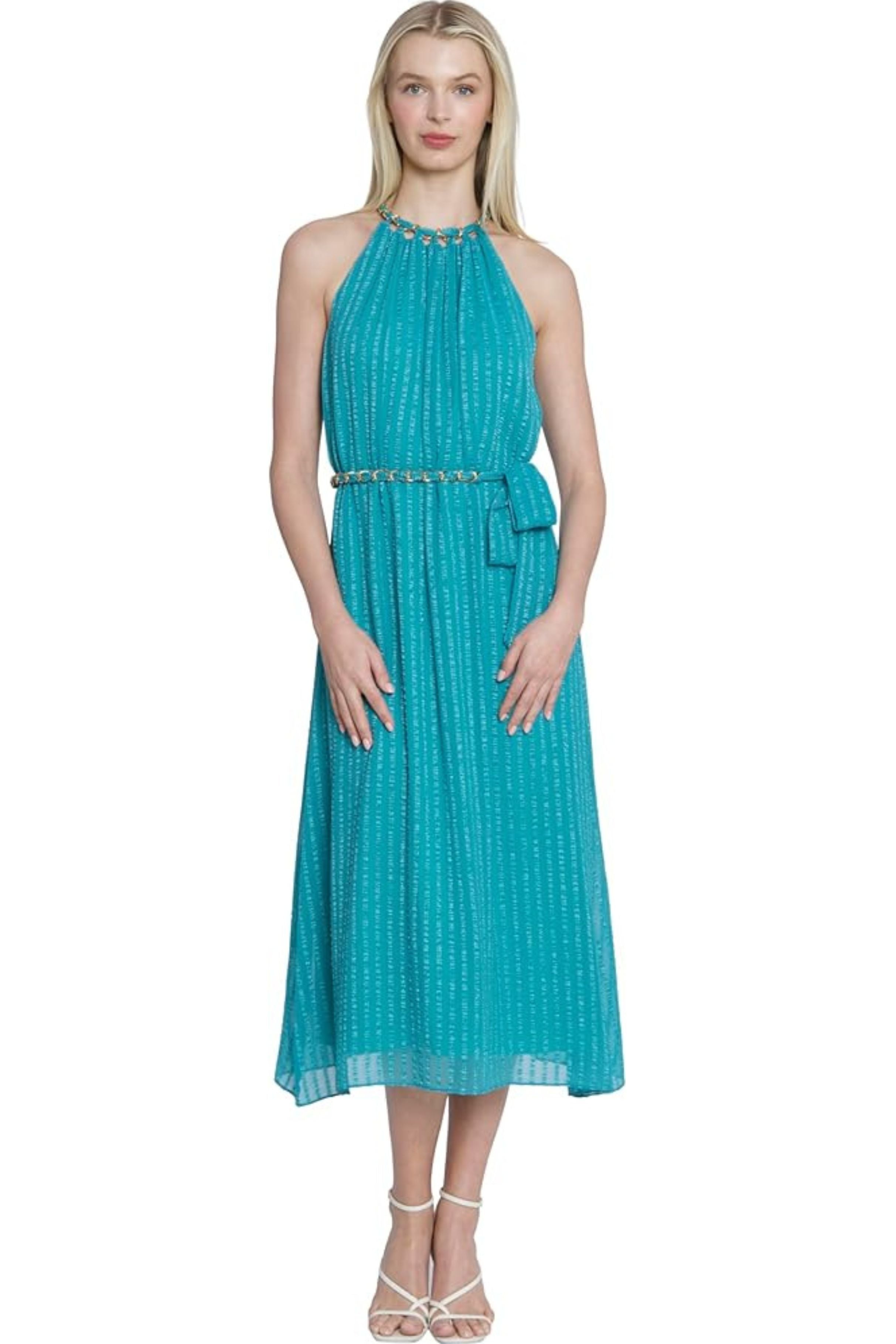 Turquoise Halter Halter Neck Side Tie Midi Dress with Chain Detail by Maggy London G6028M