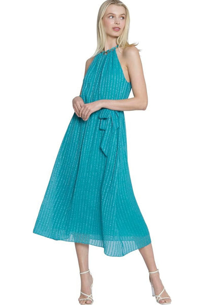 Turquoise Halter Halter Neck Side Tie Midi Dress with Chain Detail by Maggy London G6028M