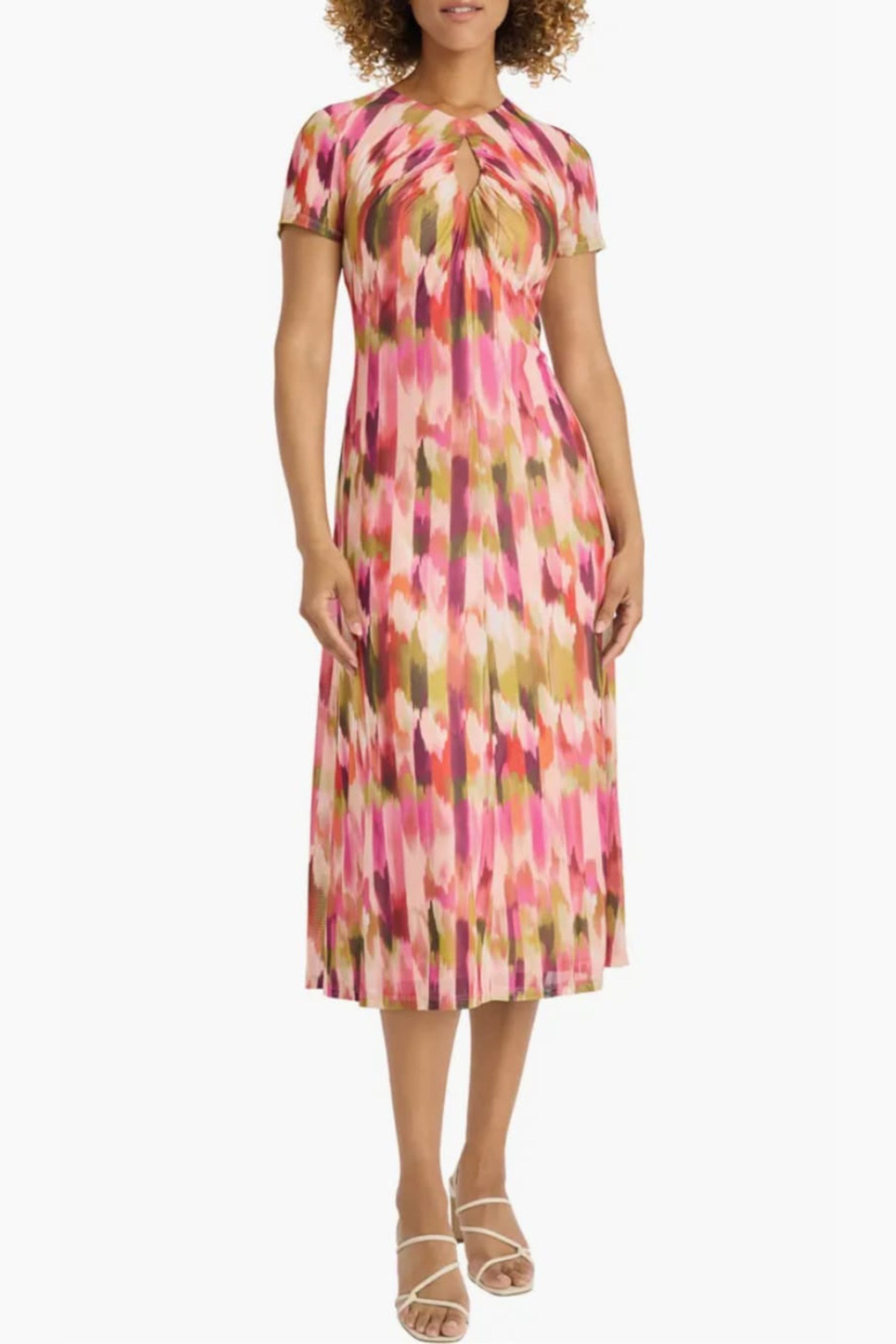 Beige Fondant Pink Abstract Print Short Sleeve Midi Dress by Maggy London G6072M