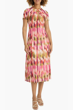 Maggy London G6072M Beige Fondant Pink Abstract Print Short Sleeve Midi Dress