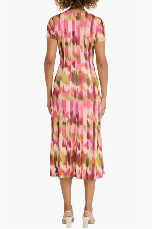 Beige Fondant Pink Abstract Print Short Sleeve Midi Dress by Maggy London G6072M