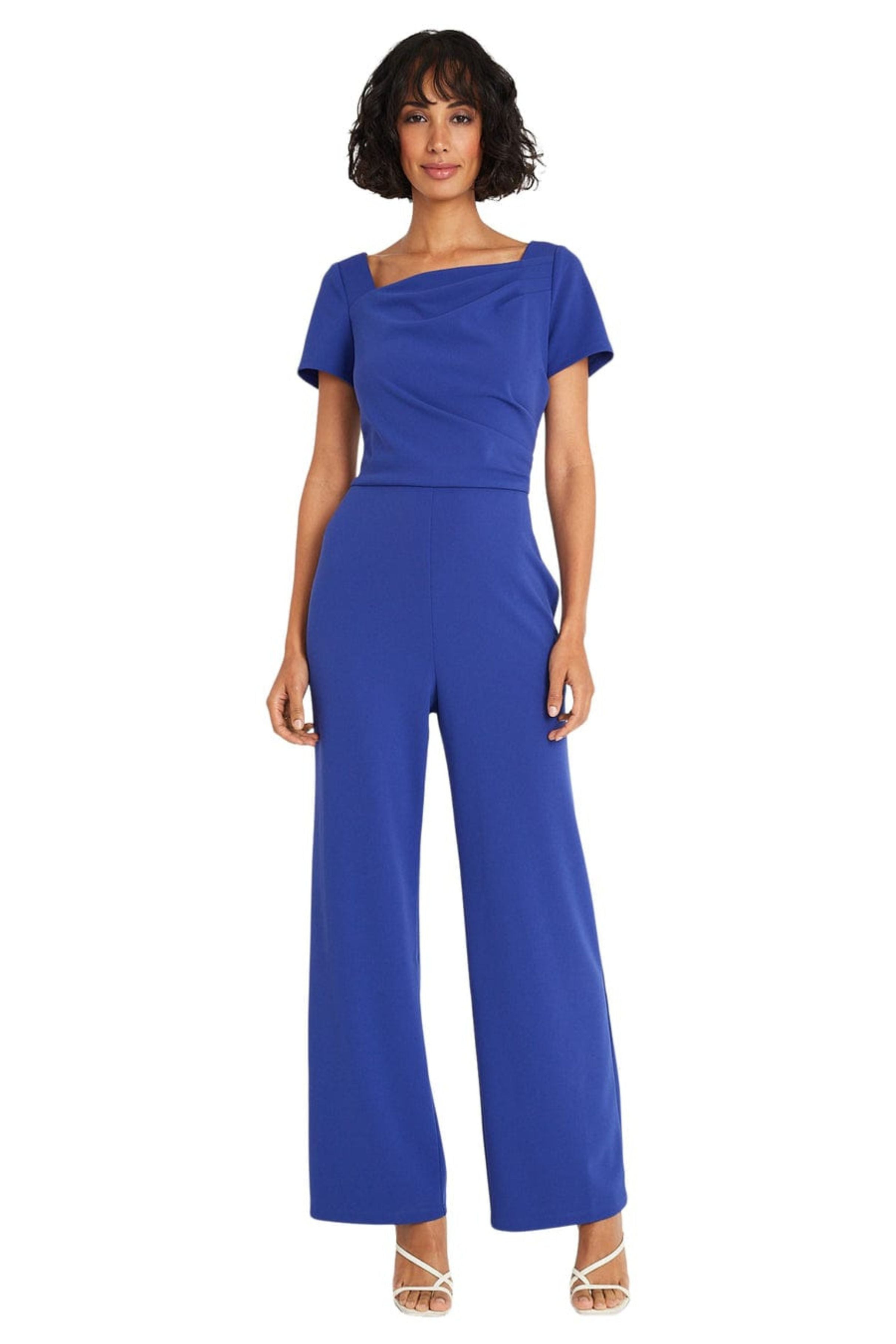 Short Sleeve Clema Blue Asymmetrical Neckline Pocket Scuba Crepe Jumpsuit by Maggy London G6110M