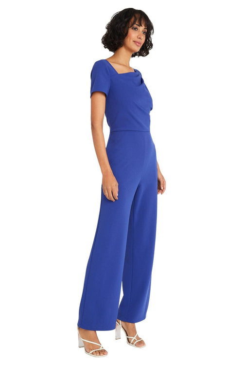 Short Sleeve Clema Blue Asymmetrical Neckline Pocket Scuba Crepe Jumpsuit by Maggy London G6110M